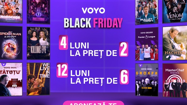 Descoperă un univers de conținut cu oferta VOYO de Black Friday! În perioada 7-17 noiembrie ai oferte la abonamentul de 4 luni la preț de 2 și de 12 luni la preț de 6!